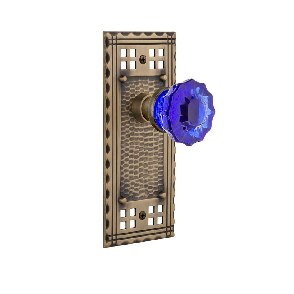 Nostalgic Warehouse CRACRC Colored Crystal Craftsman Plate Double Dummy Crystal Cobalt Glass Door Knob in Antique Brass